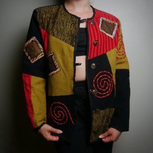 VINTAGE Boho Red, Black, & Mustard Jacket | Size S